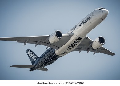 BERLIN, GERMANY - May 08, 2018: A Closeup Shot Of The A350 Airplane In The Sky