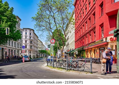 Berlin, Germany - May 11, 2022: Typical cityscape of Berlin-Kreuzberg in the neighborhood of the Bergmann-Street.