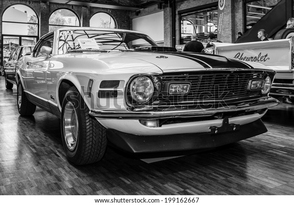 BERLIN, GERMANY - MAY 17, 2014: Ford Mustang Mach 1,\
Ramair Cobra Jet - is an performance-oriented option package of the\
Ford Mustang. Black and white. 27th Oldtimer Day Berlin -\
Brandenburg 