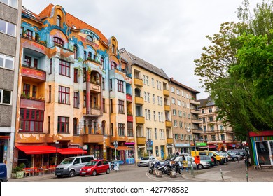Berlin, Germany - May 17, 2016: street view in the Berlin district Kreuzberg. Kreuzberg has emerged from one of the poorest quarters to one of Berlins cultural centers