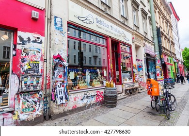 Berlin, Germany - May 17, 2016: unique wine shop in Berlin-Kreuzberg. Kreuzberg has emerged from one of the poorest quarters to one of Berlins cultural centers