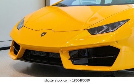 Berlin, Germany - May, 2016: A Picture Of The Front View Of A Yellow Lamborghini Huracán.
