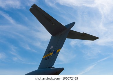 BERLIN, GERMANY - MAY 21, 2014: The Empennage Of A Strategic And Tactical Airlifter Boeing C-17 Globemaster III. US Air Force. Joint Base Charleston. Exhibition ILA Berlin Air Show 2014