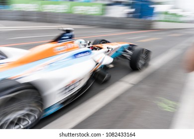 Berlin, Germany - May 21, 2016: Formula E Racing Car On Race Track. The FIA Formula E Championship Is A Class Of Auto Racing, Using Only Fully Electric-powered Cars