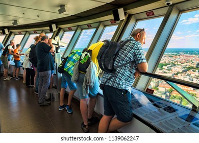 Berlin, Germany, May 21, 2018.
View Visitors Who Can Admire The Enormous View Over Berlin On The Top Floor Of The Fernsehturm (TV Tower).