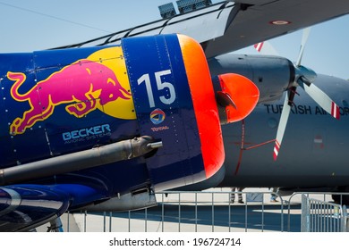 BERLIN, GERMANY - MAY 22, 2014: A single-engined advanced trainer aircraft North American T-6 Texan. Flying Bulls Team. Exhibition ILA Berlin Air Show 2014 