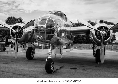 BERLIN, GERMANY - MAY 24, 2014: Medium bomber North American B-25J Mitchell. The Flying Bulls Team. Black and white. Exhibition ILA Berlin Air Show 2014 