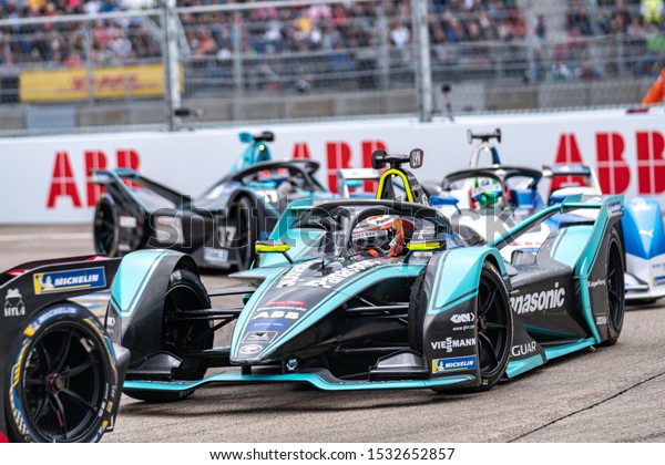 Berlin,\
Germany - May 24, 2019: FIA Formula E E-prix racing car\
championship. The FIA Formula E Championship is a class of auto\
racing, using only fully electric-powered\
cars
