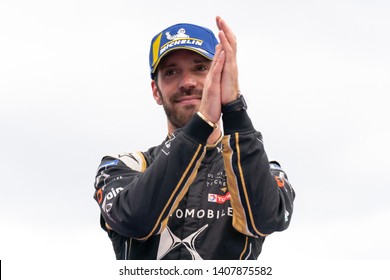 Berlin, Germany - May 25, 2019: French Professional Racing Driver Jean-Éric Vergne Third Place On The Podium At The E-Prix ABB FIA Formula E Race Car Championship Award Ceremony