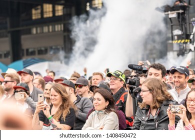 Berlin, Germany - May 25, 2019: Crowd Of Supporters Participating In The ABB FIA Formula E Street Racing Championship. The FIA E-prix Is A Class Of Auto Racing, Using Only Fully Electric-powered Cars