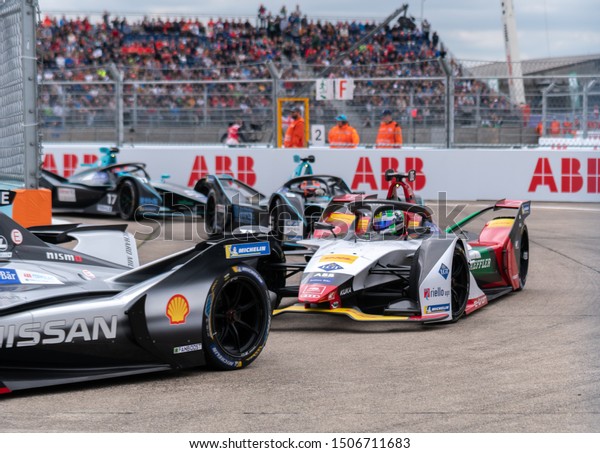Berlin,\
Germany - May 25, 2019: FIA Formula E E-prix racing car\
championship. The FIA Formula E Championship is a class of auto\
racing, using only fully electric-powered\
cars