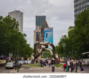 Berlin, Germany - May 31, 2019: Artwork In Front Of The Skyscrapers And The Bombed Church In Kurfürstendamm