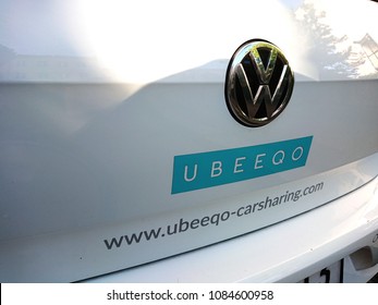 Berlin, Germany - May 4, 2018: Ubeeqo Volkswagen Car. Ubeeqo Is A French Startup Specialising In Enterprise Car Sharing And Fleet Management Solutions. Europcar Is A Majority Stakeholder