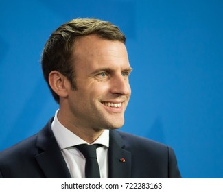 BERLIN, GERMANY - MAY 5, 2017 : French President Emmanuel Macron  At The German Chancellery