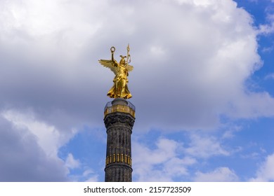 Berlin, Germany - May 5, 2022. The Golden Statue of Victoria On Top of The Victory Column in Berlin, Germany