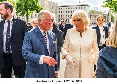 BERLIN, GERMANY - MAY 7, 2019: Charles, Prince Of Wales And Camilla, Duchess Of Cornwall, In Front Of Brandenburg Gate