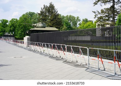 Berlin, Germany - May 7, 2022: German police barriers at Soviet War Memorial in Berlin Tiergarten