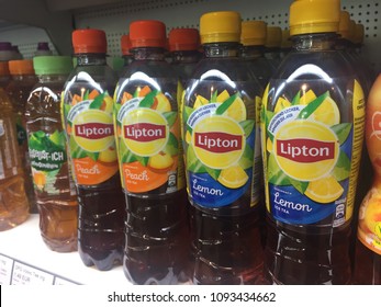 Berlin, Germany - May 8, 2018: Lipton tea in a row on supermarket shelf. Lipton is a British brand of tea, owned by the company Unilever. The Lipton ready-to-drink beverages are sold by Pepsi Lipton