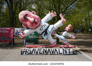 Berlin, Germany - May 8, 2021: Paper Mache Sculpture Of Alexei Navalny Kicking Vladimir Putin At An Anti-Putin Protest Camp In Berlin