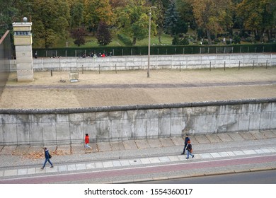 Berlin, Germany - November 1 2019: Berlin Wall And Watchtower Aerial View At Bernauer Street Memorial