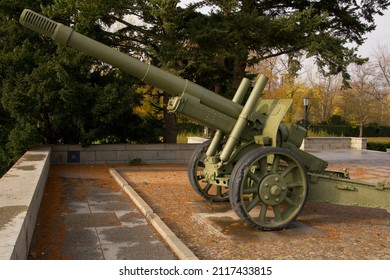 Berlin, Germany - November 11, 2021: 152 mm howitzer-gun M1937 (ML-20) at the Soviet War Memorial in the Tiergarten (Sowjetisches Ehrenmal Tiergarten), erected in 1945 and located in central Berlin.
