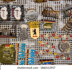 BERLIN, GERMANY - November 20, 2020: Magnets - Souvenirs From Berlin On A Display Case