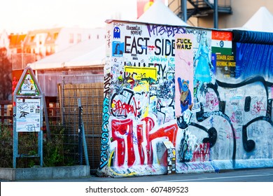 Berlin , Germany - November  28, 2016: East Side Gallery Berlin Wall international memorial to freedom. entirely painted with graffiti