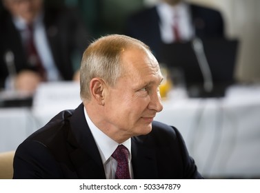 BERLIN, GERMANY - Oct 19, 2016: Russian President Vladimir Putin before the negotiations of leaders of states in Normandy format in Berlin