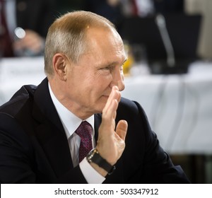 BERLIN, GERMANY - Oct 19, 2016: Russian President Vladimir Putin before the negotiations of leaders of states in Normandy format in Berlin