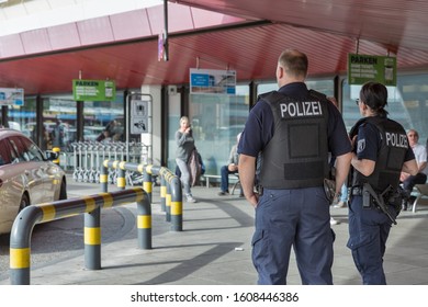 BERLIN, GERMANY - OCTOBER 18, 2019: Police Patrol In Tegel Airport. Police On High Terror Alert Warned To Be Hyper Vigilant. Berlin Is The Capital And Largest German City By Both Area And Population.