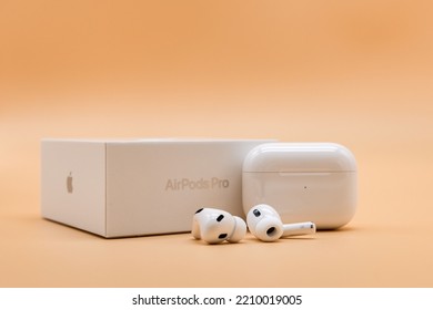 Berlin, Germany - October 2, 2022: Apple AirPods Pro 2nd Generation Product Shot On Beige Background