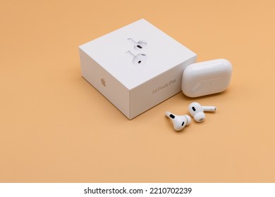 Berlin, Germany - October 2, 2022: Apple AirPods Pro 2nd Generation Product Shot On Beige Background