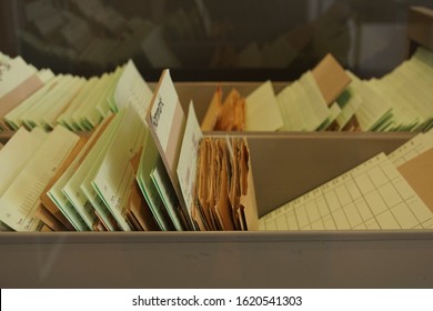 BERLIN / GERMANY - October 20, 2018: File With Colored Paper Files Sorted In Box In The Former Stasi Headquarter