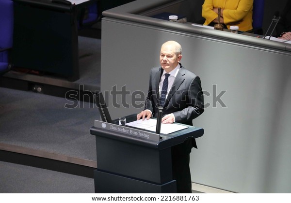 Berlin, Germany, October 20, 2022. German\
Chancellor Olaf Scholz during a government statement in the\
presence of numerous cabinet\
members.