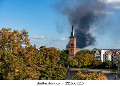 Berlin Germany October 2022 Old City District Black Smoke Plume Behind Cathedral
