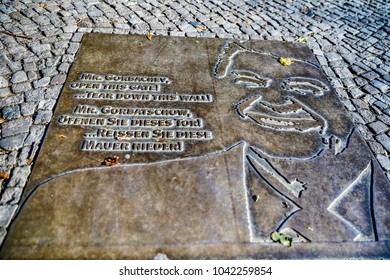 Berlin, Germany - October 30 2017: Ronald Reagan Plaque Saying 