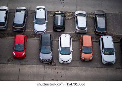 Berlin, Germany October 5, 2019 Variety of cars in parking lot shot from directly above - Shutterstock ID 1547010386
