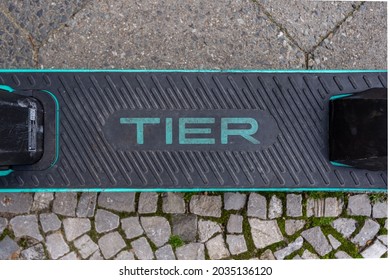 Berlin, Germany - September 02.2021: Step from an electric scooter from the rental company TIER