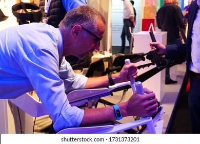 Berlin, Germany - September 10, 2019: Customer Experiencing Icaros Home Active VR System Combining Fitness And Virtual Reality