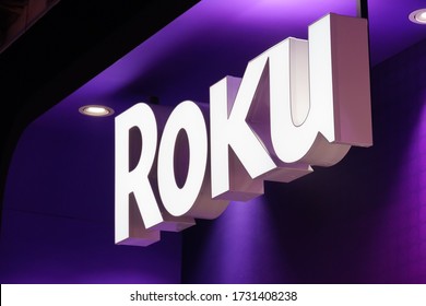 Berlin, Germany - September 10, 2019: Signage of Roku, American publicly traded company manufacturing digital media players that allow customers to access Internet streamed services