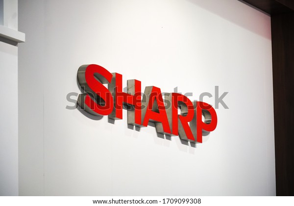 Berlin, Germany - September 10, 2019: Banner of\
Sharp Corporation, Japanese multinational corporation that designs\
and manufactures electronic\
products