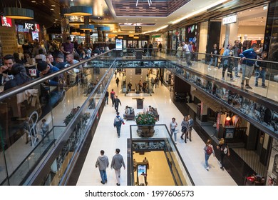 Berlin, Germany - September 14, 2019: Interior of the LP12 Mall of Berlin, a shopping mall also known as Leipziger Platz Quartier opened in September 2014