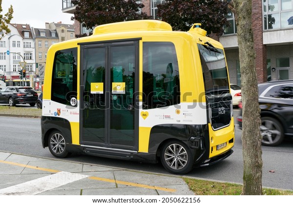  Berlin, Germany – September 17, 2021: Self-driving\
autonomous bus as a project of BVG (Berliner Verkehrsbetriebe) in\
the test phase in the Berlin district of Tegel                     \
         