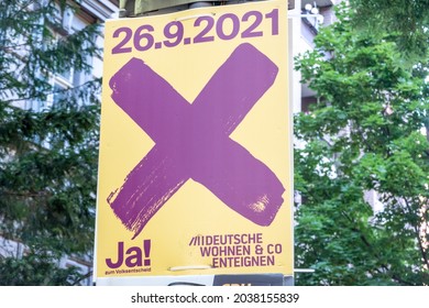 Berlin, Germany - September 2, 2021: Campaign poster Ja! zum Volksentscheid, German for Yes to the referendum, for the referendum "Expropriate Deutsche Wohnen and Co." in August 2021