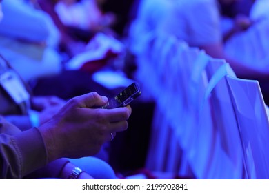 Berlin, Germany - September 2, 2022: Person Using Android Smartphone At Press Event