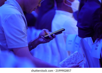 Berlin, Germany - September 2, 2022: Person Using Android Smartphone At Press Event