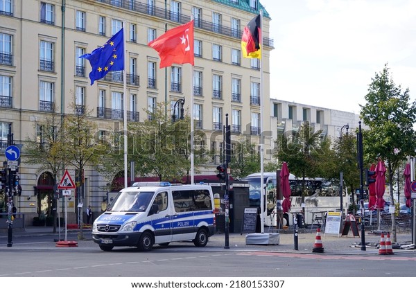 Berlin, Germany -\
September 28, 2018: Flags of European Union, Turkey and Germany in\
Berlin during the state visit of Turkish president Recep Tayyip\
Erdoğan to Germany           \
