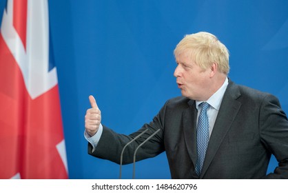 Berlin, Germany,2019-08-21:  Boris Johnston answers questions at the press conference in the German Chancellery