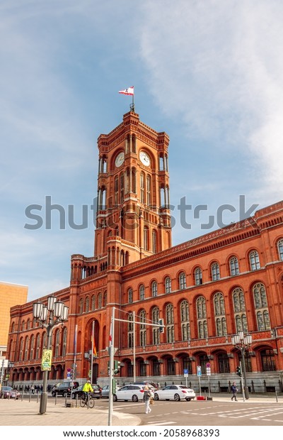 Berlin, Germany-Oct 1, 2021\
Perspective\
street view of the Berlin Town Hall, Rotes Rathaus (Red City Hall),\
and its clock tower, Berlin, Germany. \
