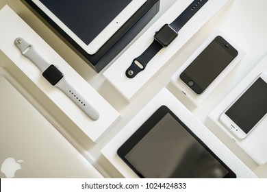 BERLIN, GRRMANY - February 4, 2018., Electronic Devices- Computer, Tablet, Iphone And Smart Watch From Company Apple. Iphone, Iwatch, Macbook Air, Ipad. Technology Mock Up